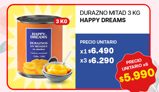 DURAZNO MITAD HAPPY DREAMS 3K - $5.990 unitario x 6 U.
