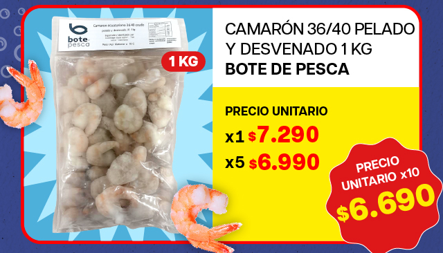 CAMARON 36/40 PELADO Y DESVENADO BOTE DE PESCA 1K - $6.690 unitario x 10 U.